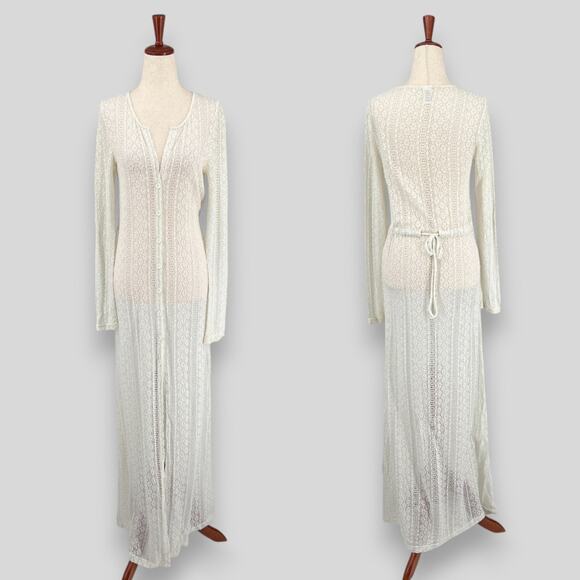 L*SPACE White Crochet Knit Sheer Button Down Maxi Cover Up Dress Small - Picture 2 of 7